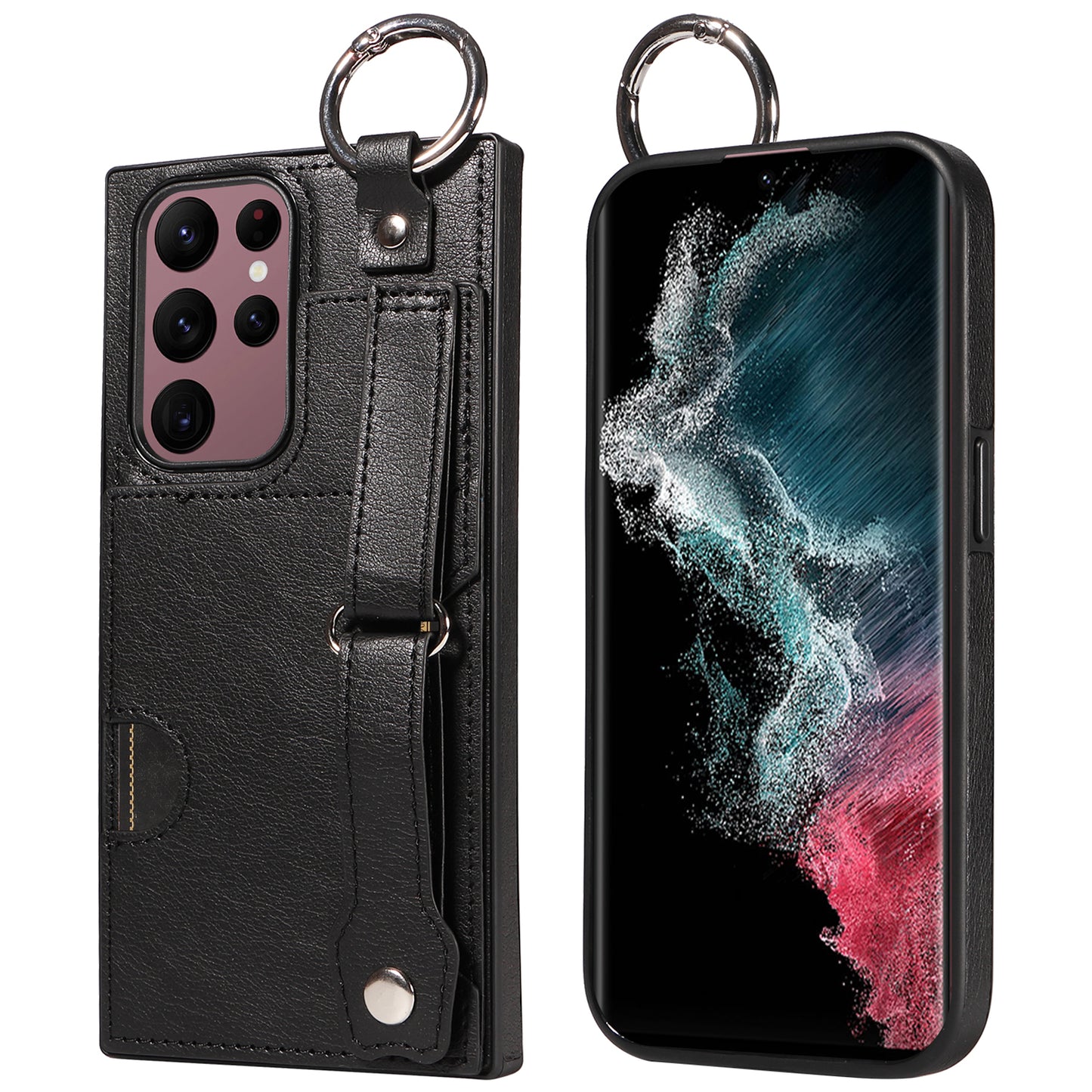 008 For Samsung Galaxy S22 Ultra 5G Case Anti-dust Leather+TPU Kickstand Phone Guard Cover - Black