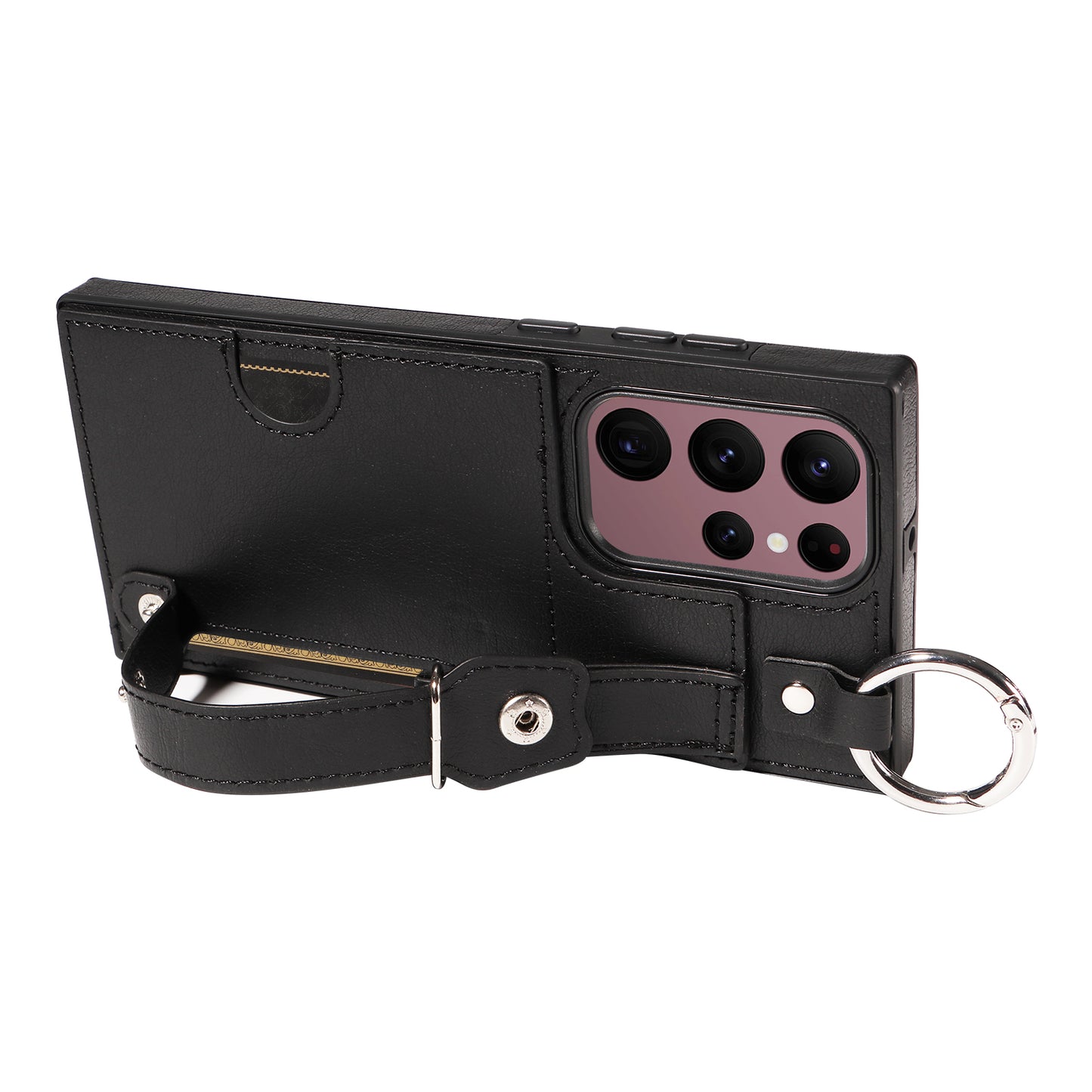 008 For Samsung Galaxy S22 Ultra 5G Case Anti-dust Leather+TPU Kickstand Phone Guard Cover - Black