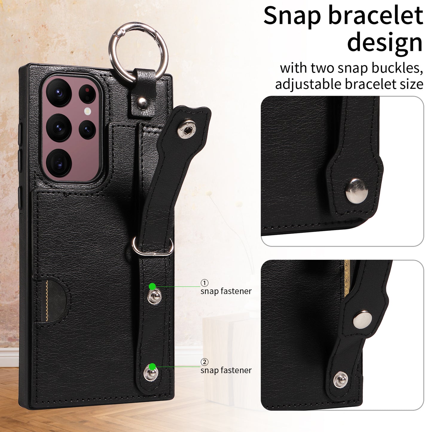 008 For Samsung Galaxy S22 Ultra 5G Case Anti-dust Leather+TPU Kickstand Phone Guard Cover - Black