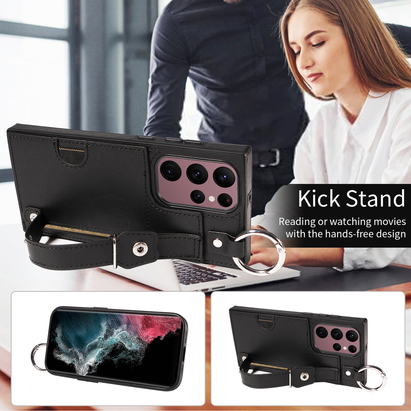 008 For Samsung Galaxy S22 Ultra 5G Case Anti-dust Leather+TPU Kickstand Phone Guard Cover - Black