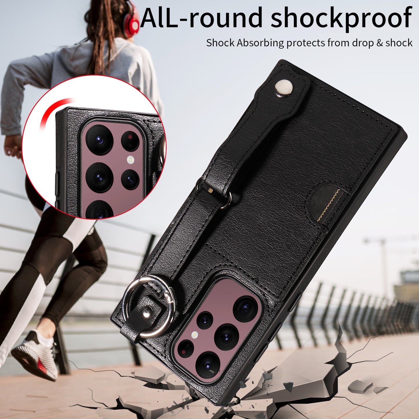 008 For Samsung Galaxy S22 Ultra 5G Case Anti-dust Leather+TPU Kickstand Phone Guard Cover - Black