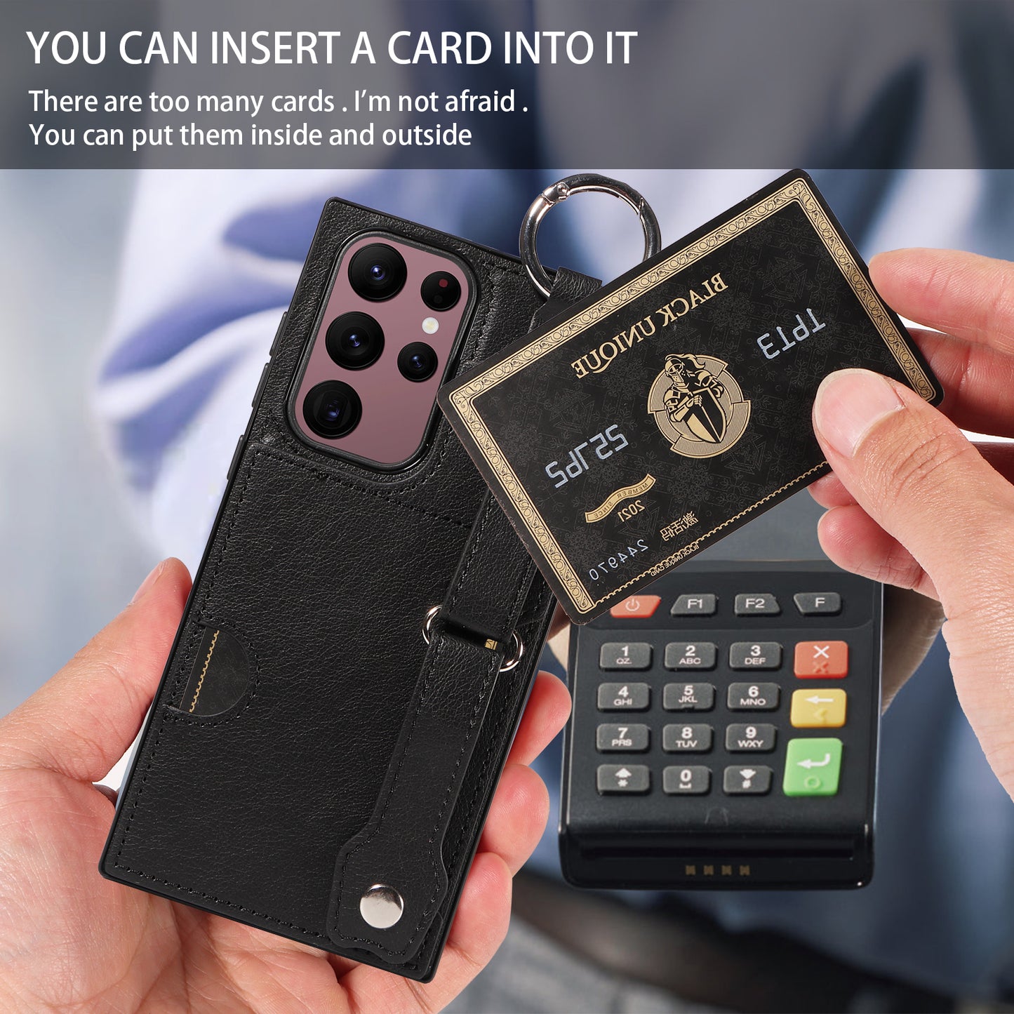 008 For Samsung Galaxy S22 Ultra 5G Case Anti-dust Leather+TPU Kickstand Phone Guard Cover - Black