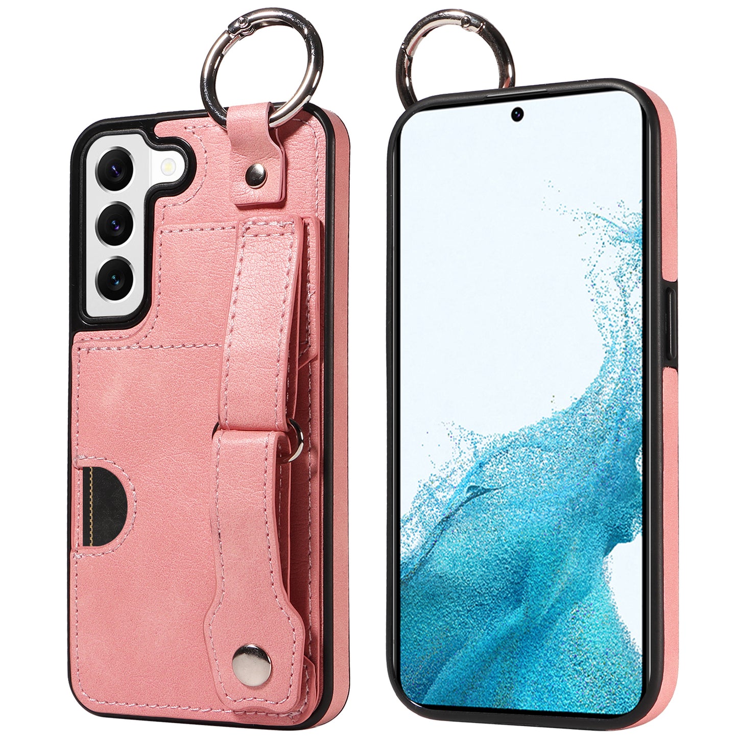008 For Samsung Galaxy S22 5G Case Card Holder Leather Coated TPU Phone Kickstand Cover - Pink