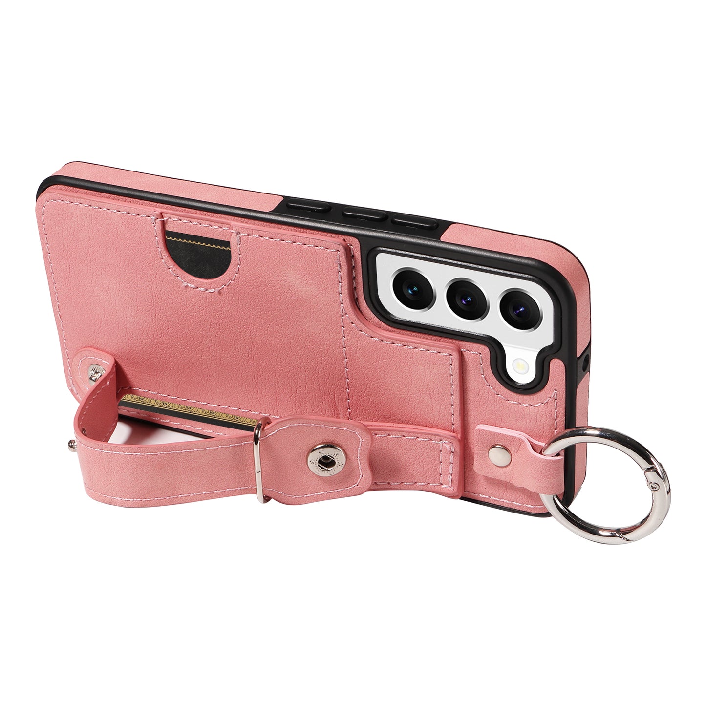 008 For Samsung Galaxy S22 5G Case Card Holder Leather Coated TPU Phone Kickstand Cover - Pink