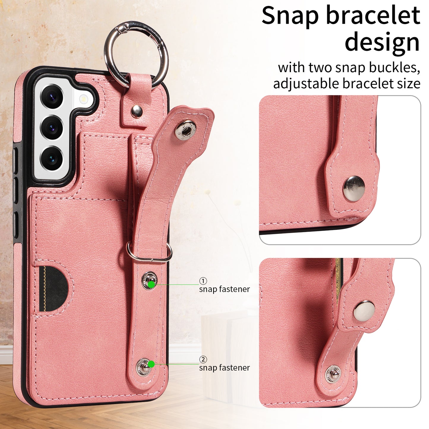008 For Samsung Galaxy S22 5G Case Card Holder Leather Coated TPU Phone Kickstand Cover - Pink