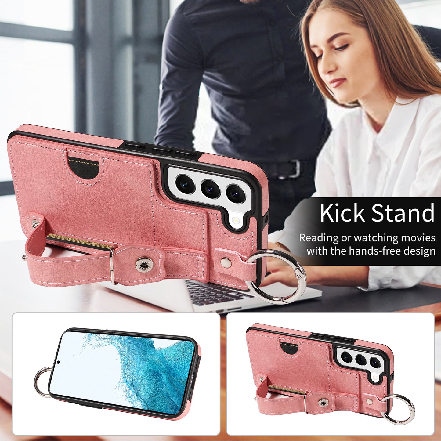 008 For Samsung Galaxy S22 5G Case Card Holder Leather Coated TPU Phone Kickstand Cover - Pink