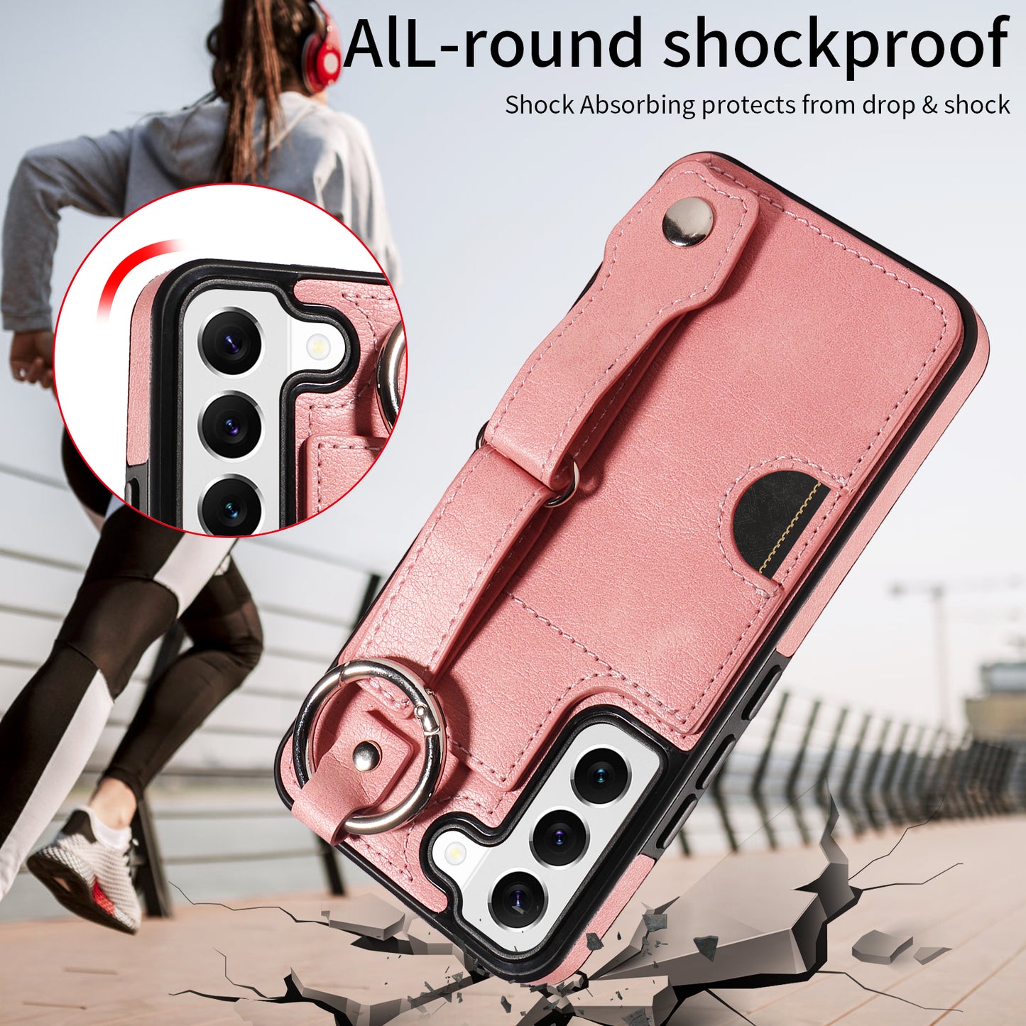 008 For Samsung Galaxy S22 5G Case Card Holder Leather Coated TPU Phone Kickstand Cover - Pink