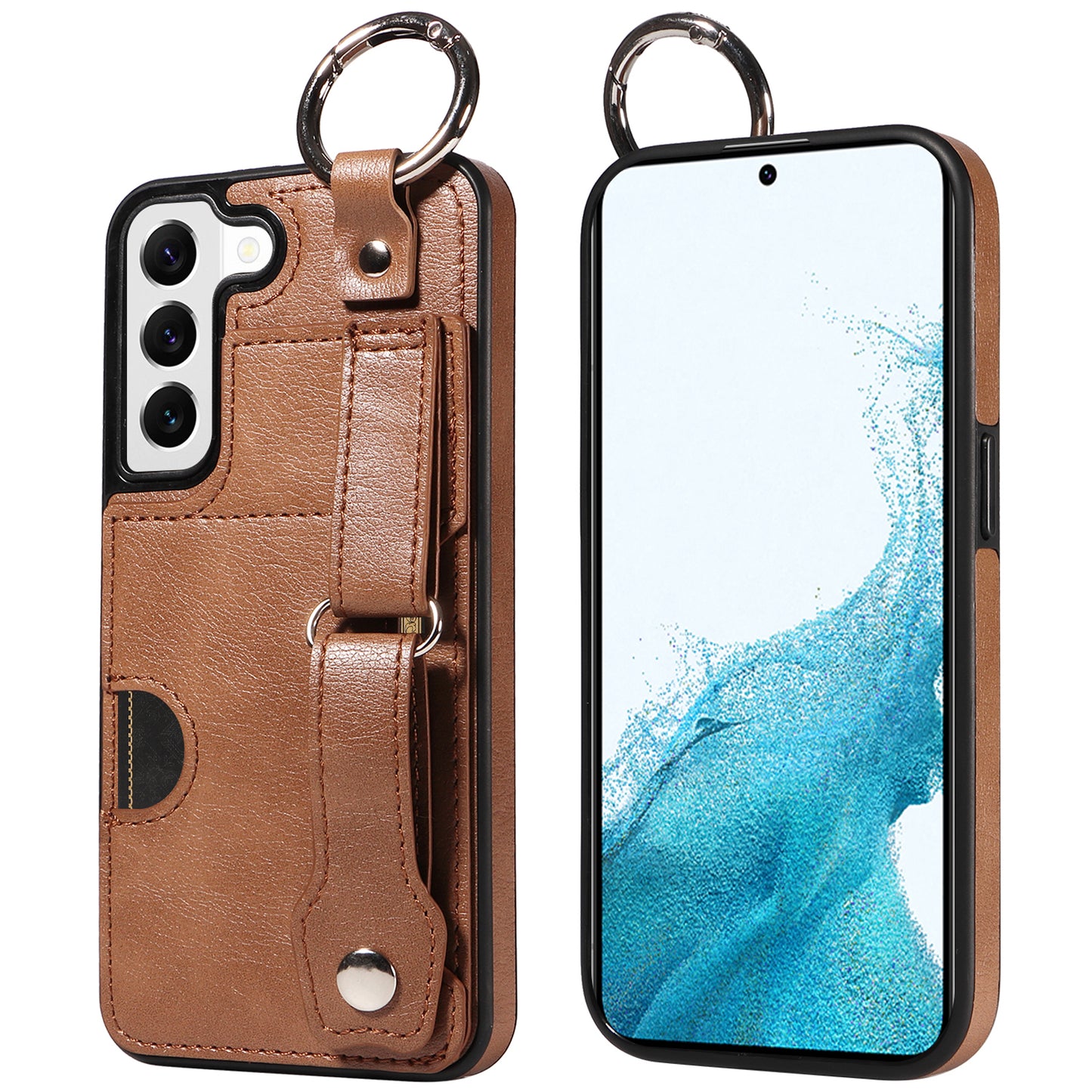008 For Samsung Galaxy S22 5G Case Card Holder Leather Coated TPU Phone Kickstand Cover - Brown
