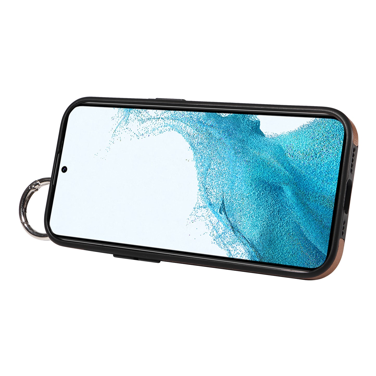 008 For Samsung Galaxy S22 5G Case Card Holder Leather Coated TPU Phone Kickstand Cover - Brown