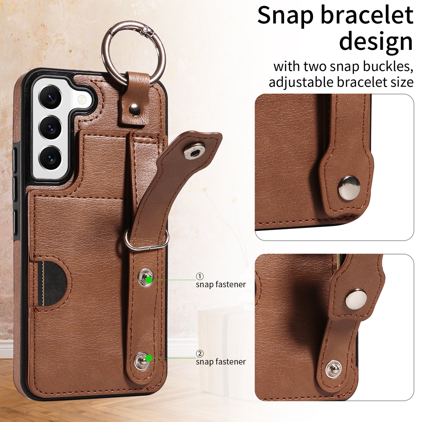008 For Samsung Galaxy S22 5G Case Card Holder Leather Coated TPU Phone Kickstand Cover - Brown
