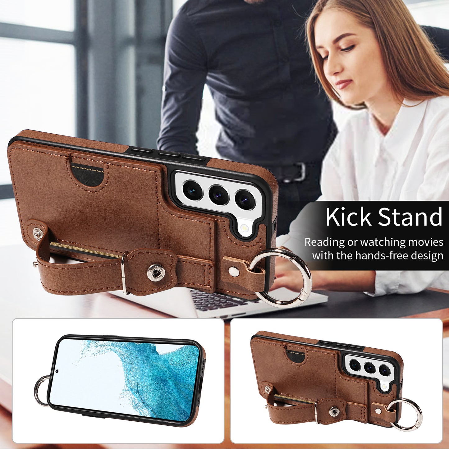 008 For Samsung Galaxy S22 5G Case Card Holder Leather Coated TPU Phone Kickstand Cover - Brown