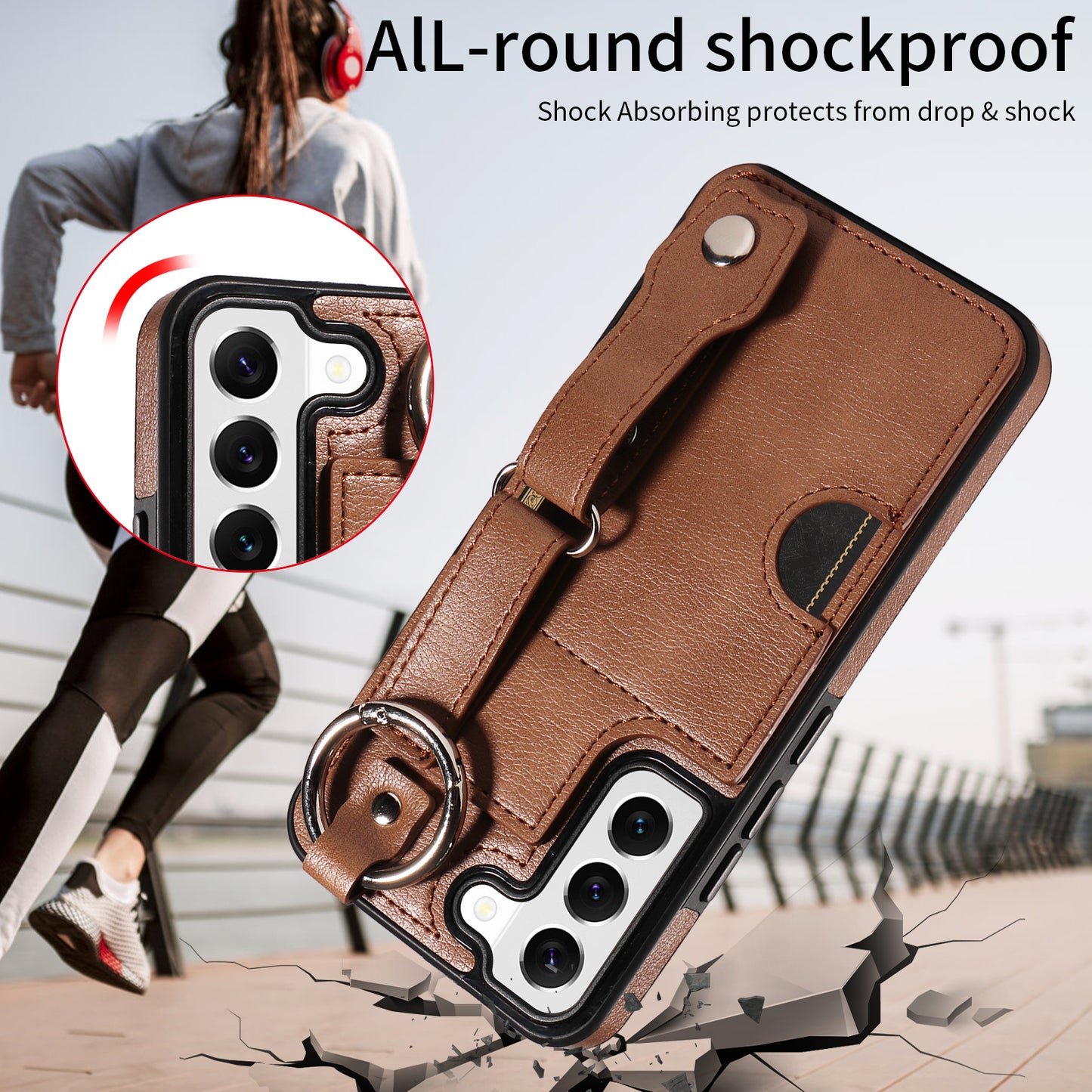 008 For Samsung Galaxy S22 5G Case Card Holder Leather Coated TPU Phone Kickstand Cover - Brown