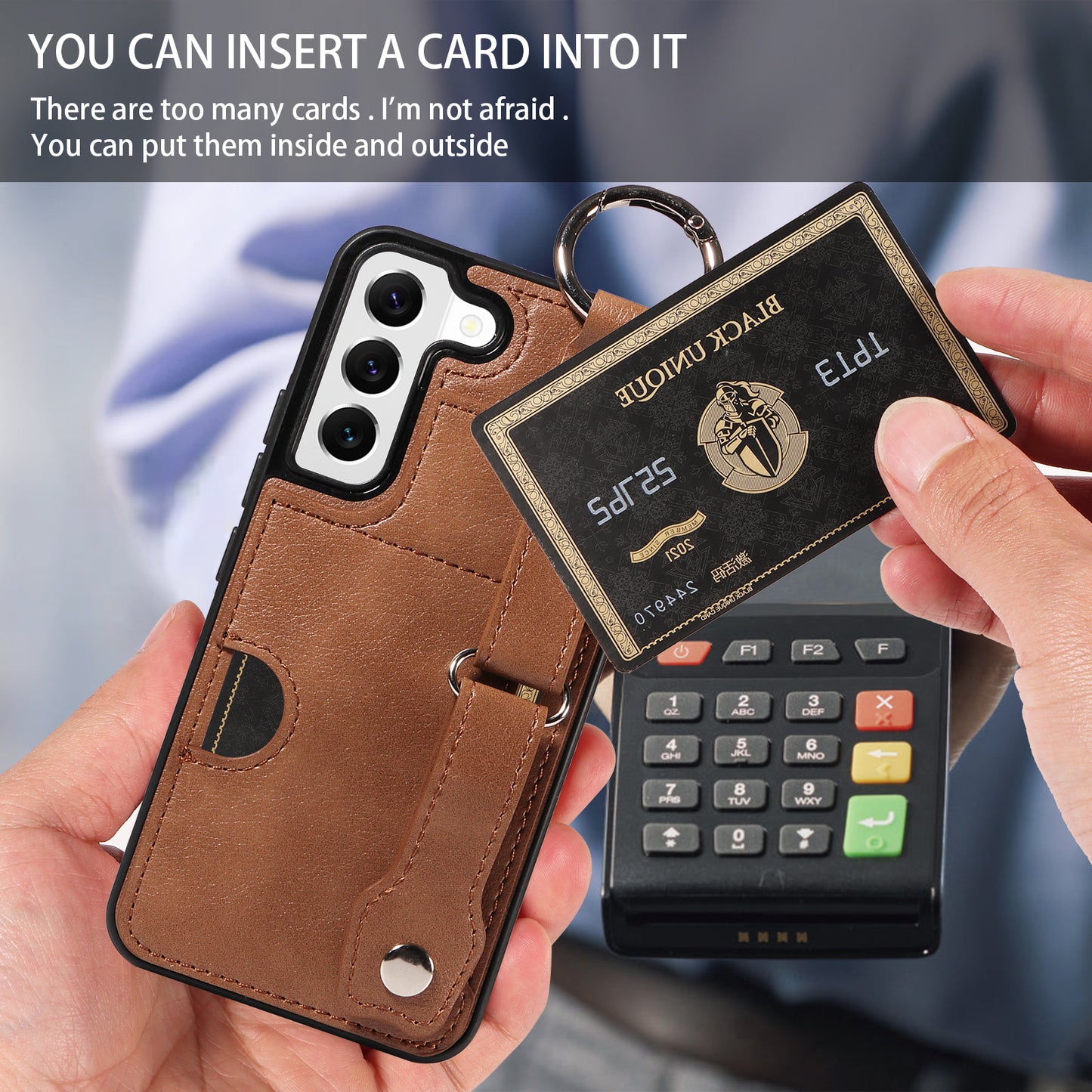 008 For Samsung Galaxy S22 5G Case Card Holder Leather Coated TPU Phone Kickstand Cover - Brown