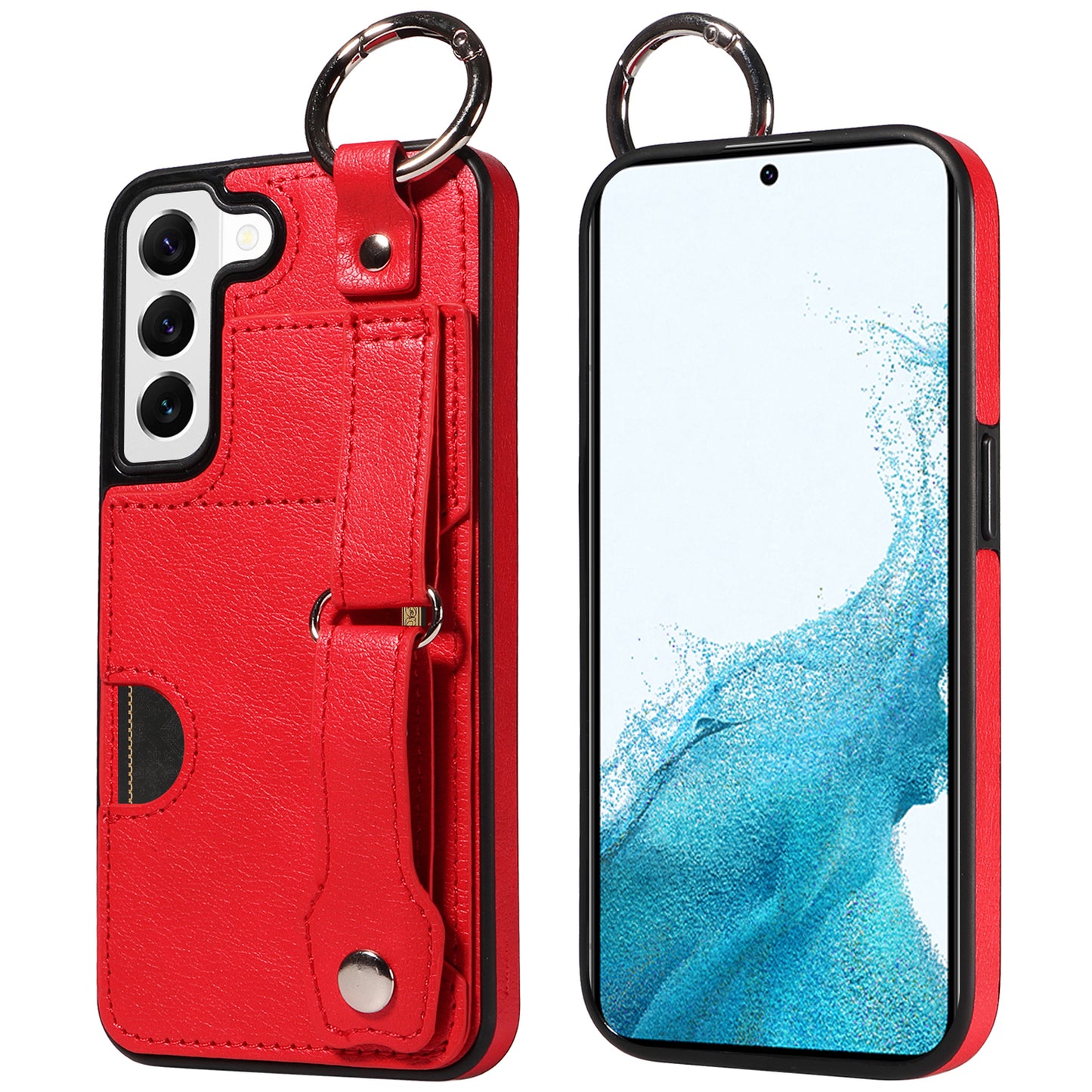 008 For Samsung Galaxy S22 5G Case Card Holder Leather Coated TPU Phone Kickstand Cover - Red