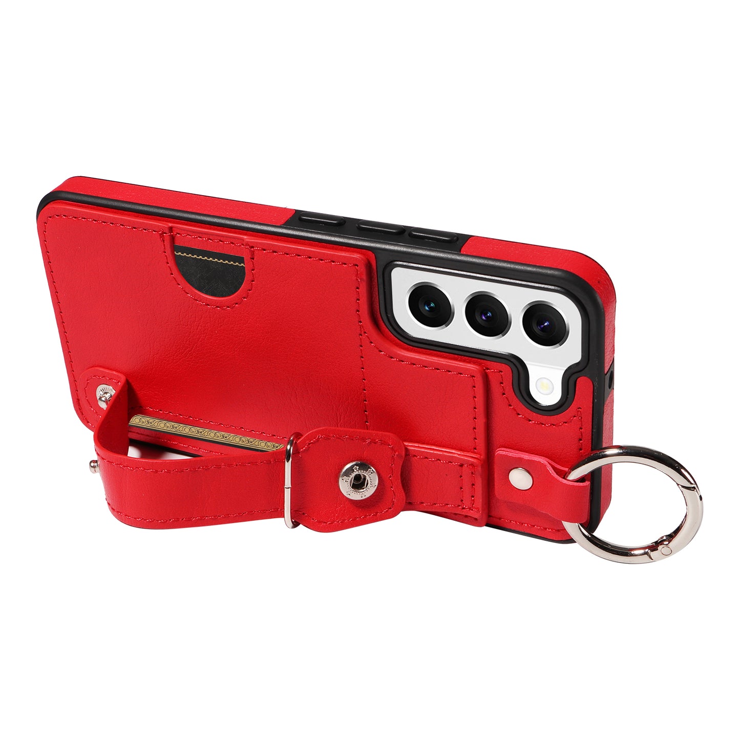 008 For Samsung Galaxy S22 5G Case Card Holder Leather Coated TPU Phone Kickstand Cover - Red