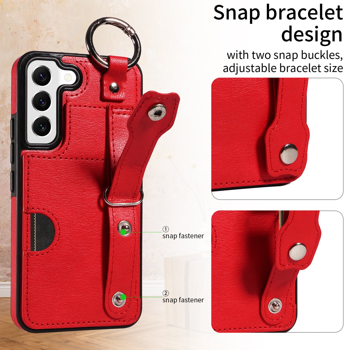 008 For Samsung Galaxy S22 5G Case Card Holder Leather Coated TPU Phone Kickstand Cover - Red