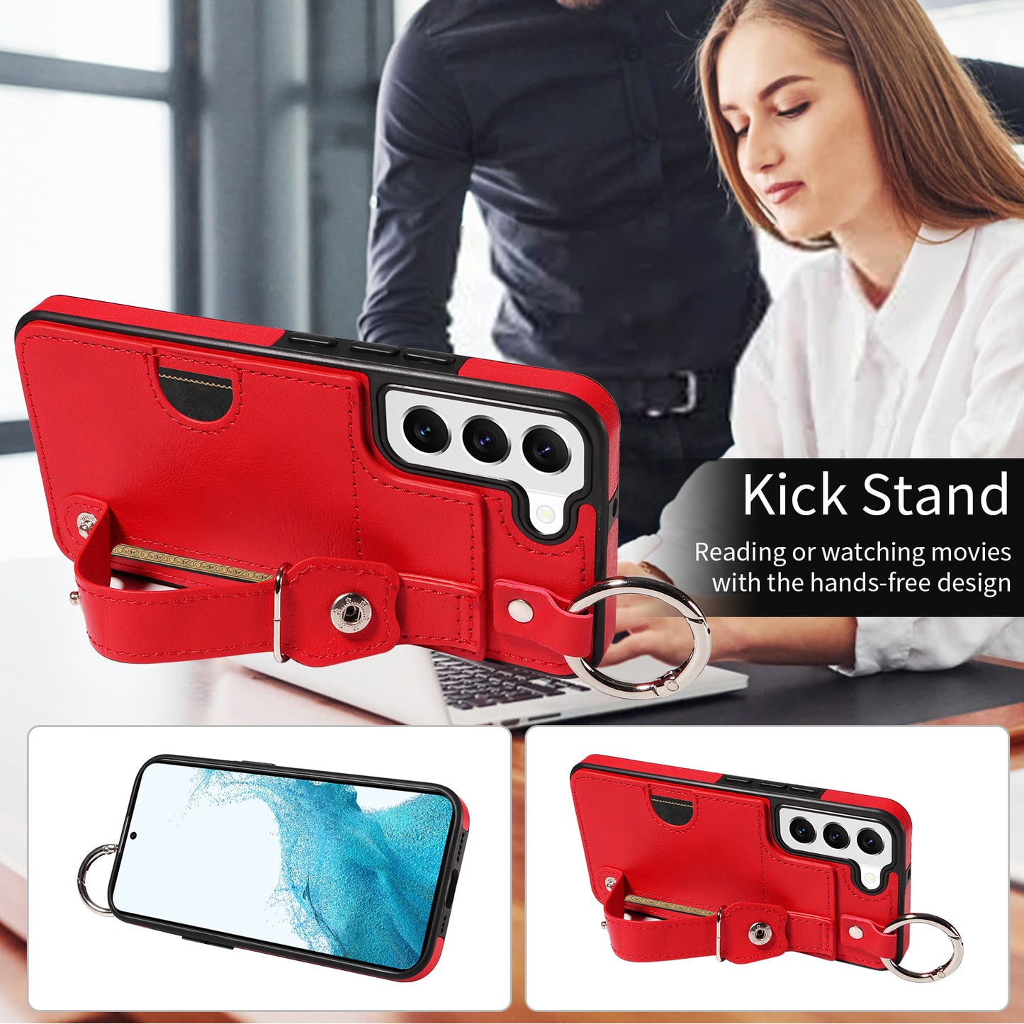 008 For Samsung Galaxy S22 5G Case Card Holder Leather Coated TPU Phone Kickstand Cover - Red