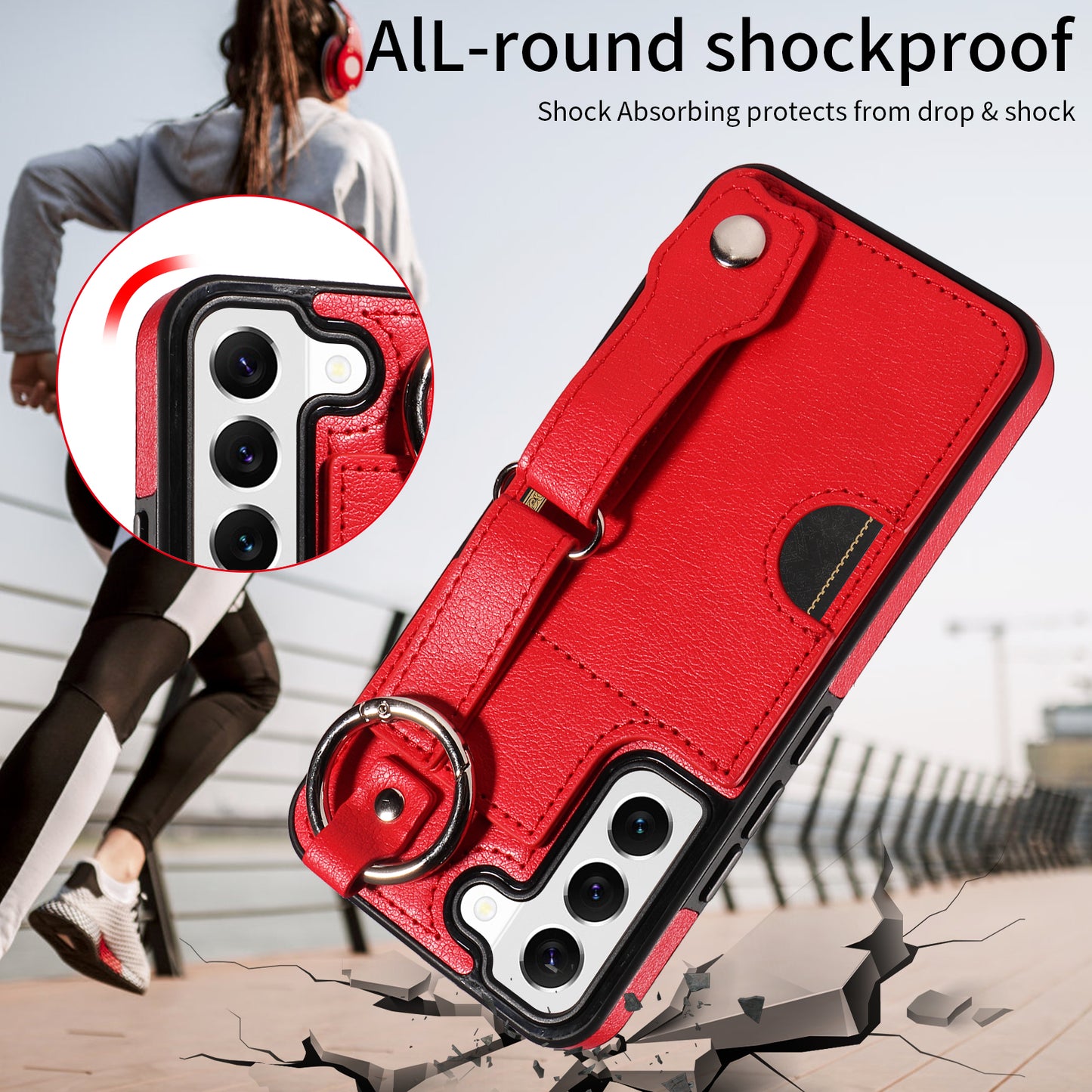 008 For Samsung Galaxy S22 5G Case Card Holder Leather Coated TPU Phone Kickstand Cover - Red
