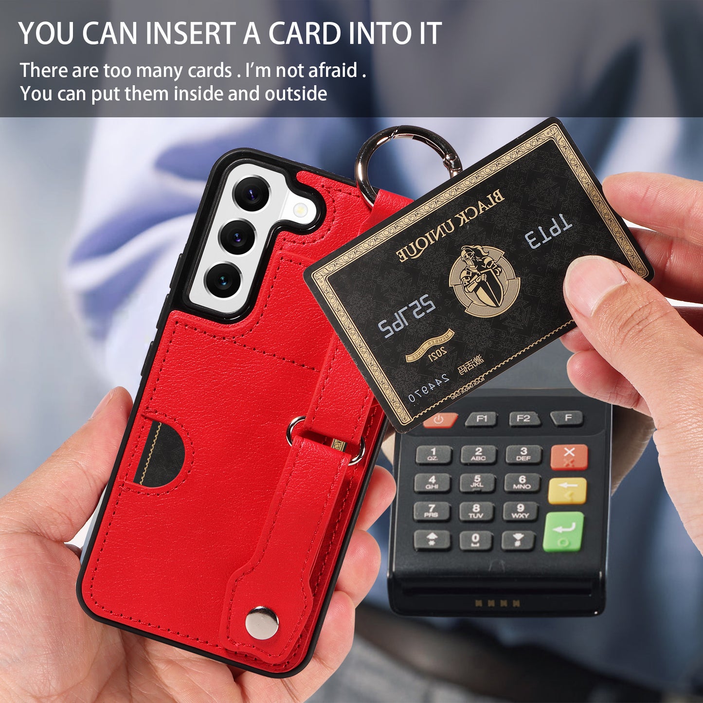 008 For Samsung Galaxy S22 5G Case Card Holder Leather Coated TPU Phone Kickstand Cover - Red