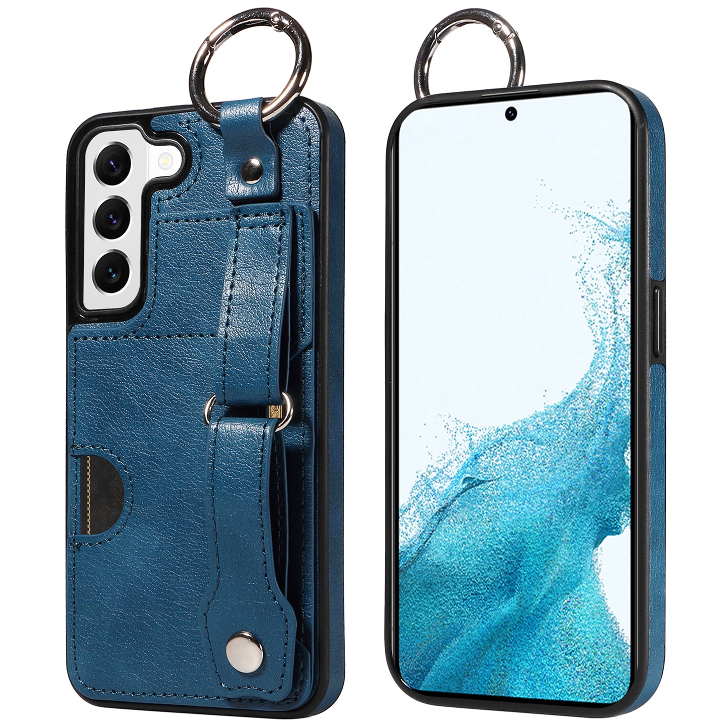 008 For Samsung Galaxy S22 5G Case Card Holder Leather Coated TPU Phone Kickstand Cover - Blue