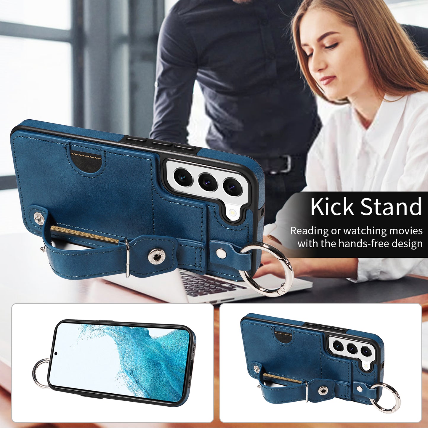 008 For Samsung Galaxy S22 5G Case Card Holder Leather Coated TPU Phone Kickstand Cover - Blue