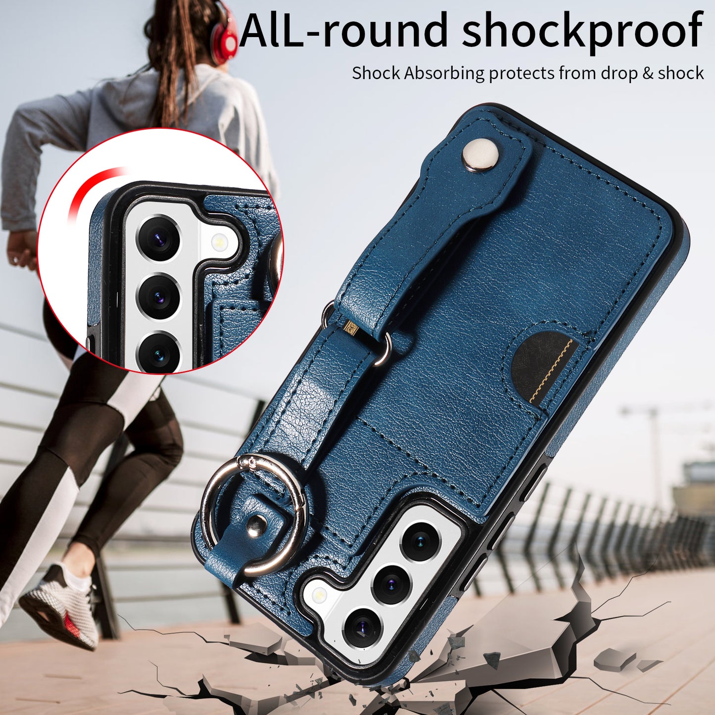 008 For Samsung Galaxy S22 5G Case Card Holder Leather Coated TPU Phone Kickstand Cover - Blue