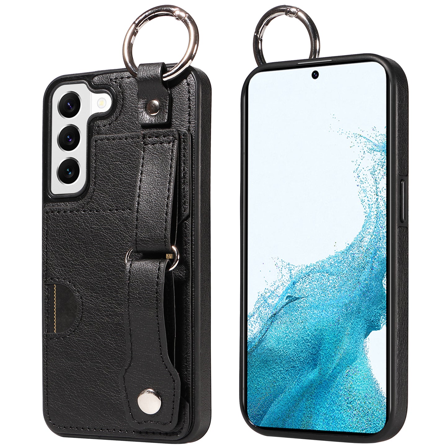 008 For Samsung Galaxy S22 5G Case Card Holder Leather Coated TPU Phone Kickstand Cover - Black