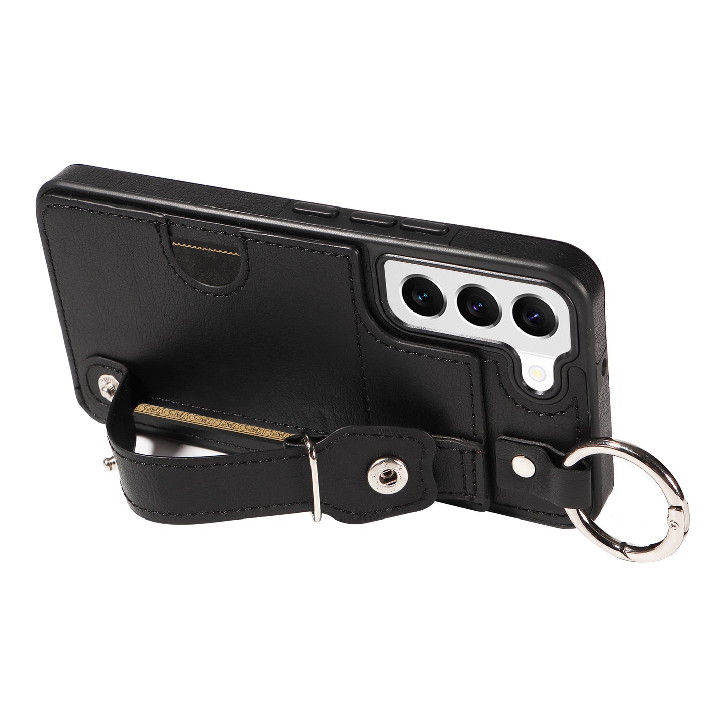 008 For Samsung Galaxy S22 5G Case Card Holder Leather Coated TPU Phone Kickstand Cover - Black