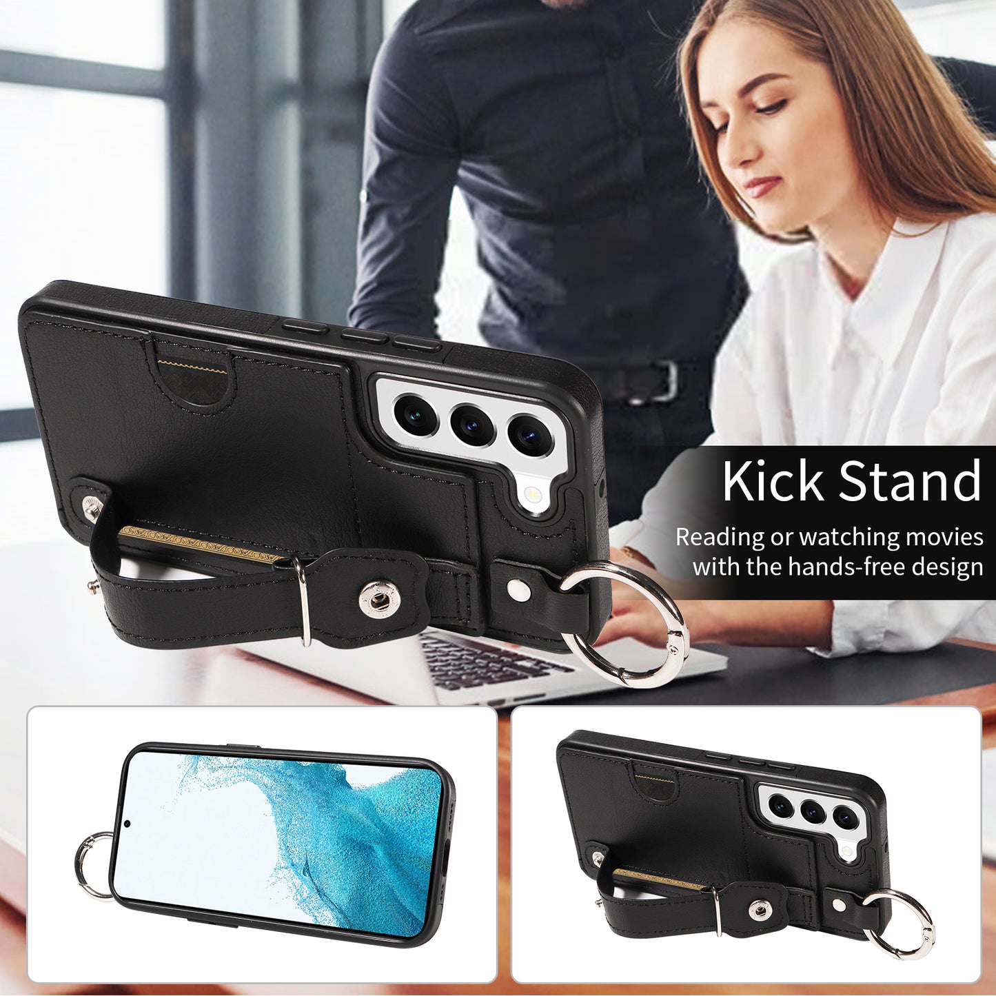 008 For Samsung Galaxy S22 5G Case Card Holder Leather Coated TPU Phone Kickstand Cover - Black