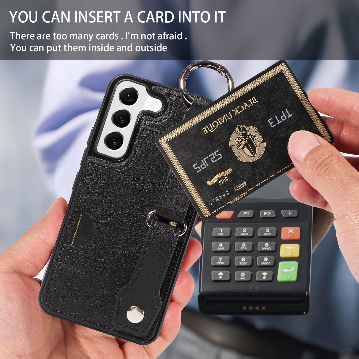 008 For Samsung Galaxy S22 5G Case Card Holder Leather Coated TPU Phone Kickstand Cover - Black