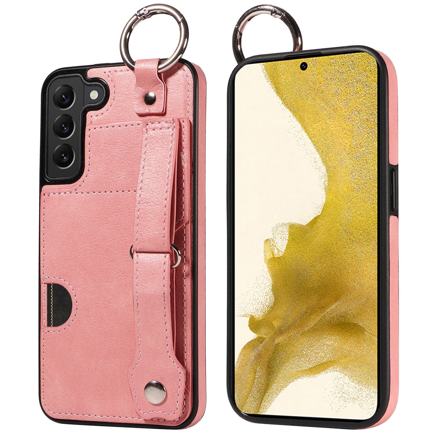 008 For Samsung Galaxy S22+ 5G Case Non-Slip Kickstand Grip Leather+TPU Phone Cover with Card Holder - Pink