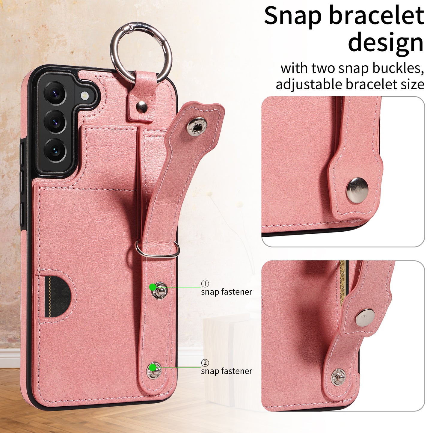 008 For Samsung Galaxy S22+ 5G Case Non-Slip Kickstand Grip Leather+TPU Phone Cover with Card Holder - Pink