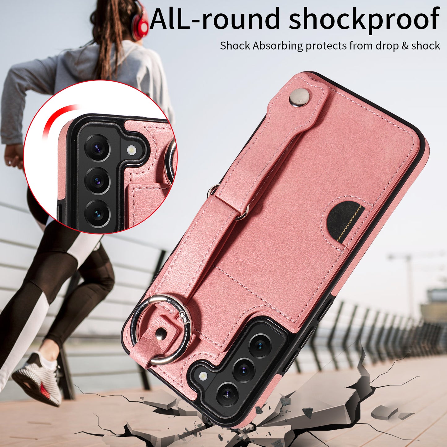 008 For Samsung Galaxy S22+ 5G Case Non-Slip Kickstand Grip Leather+TPU Phone Cover with Card Holder - Pink