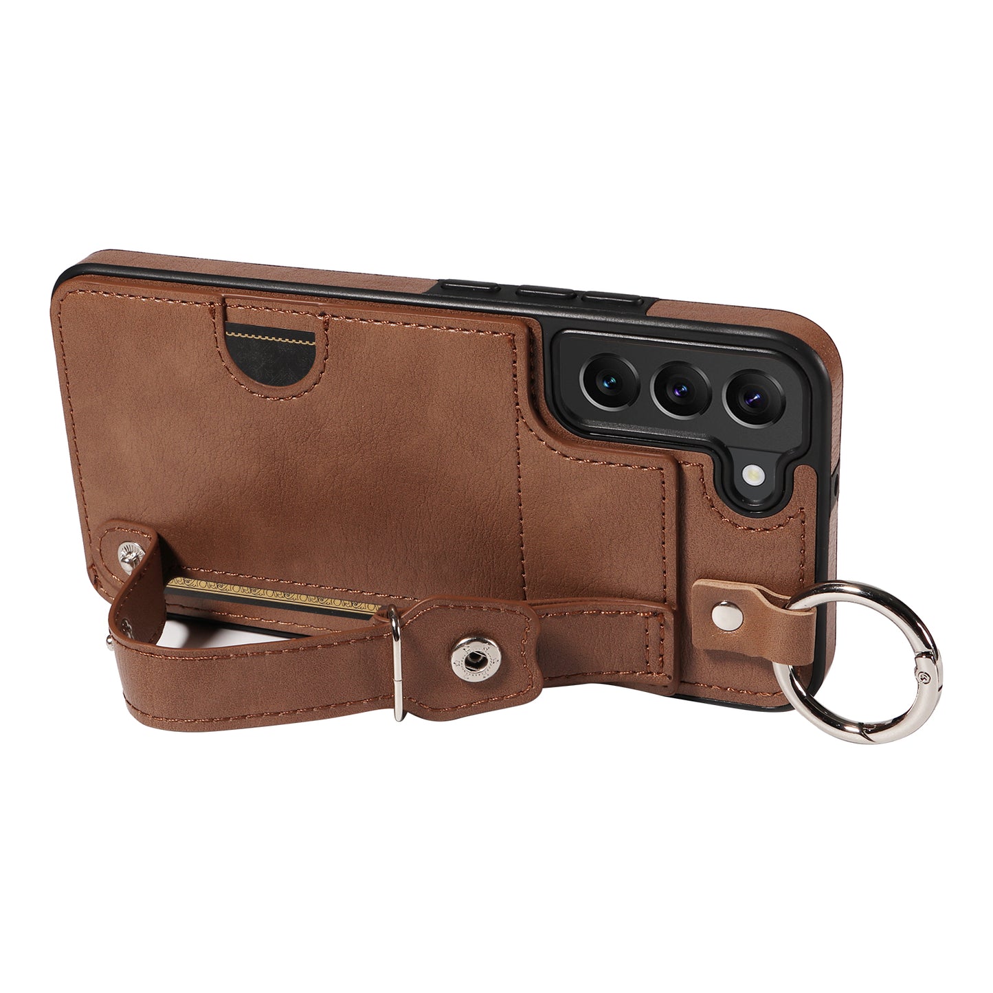 008 For Samsung Galaxy S22+ 5G Case Non-Slip Kickstand Grip Leather+TPU Phone Cover with Card Holder - Brown