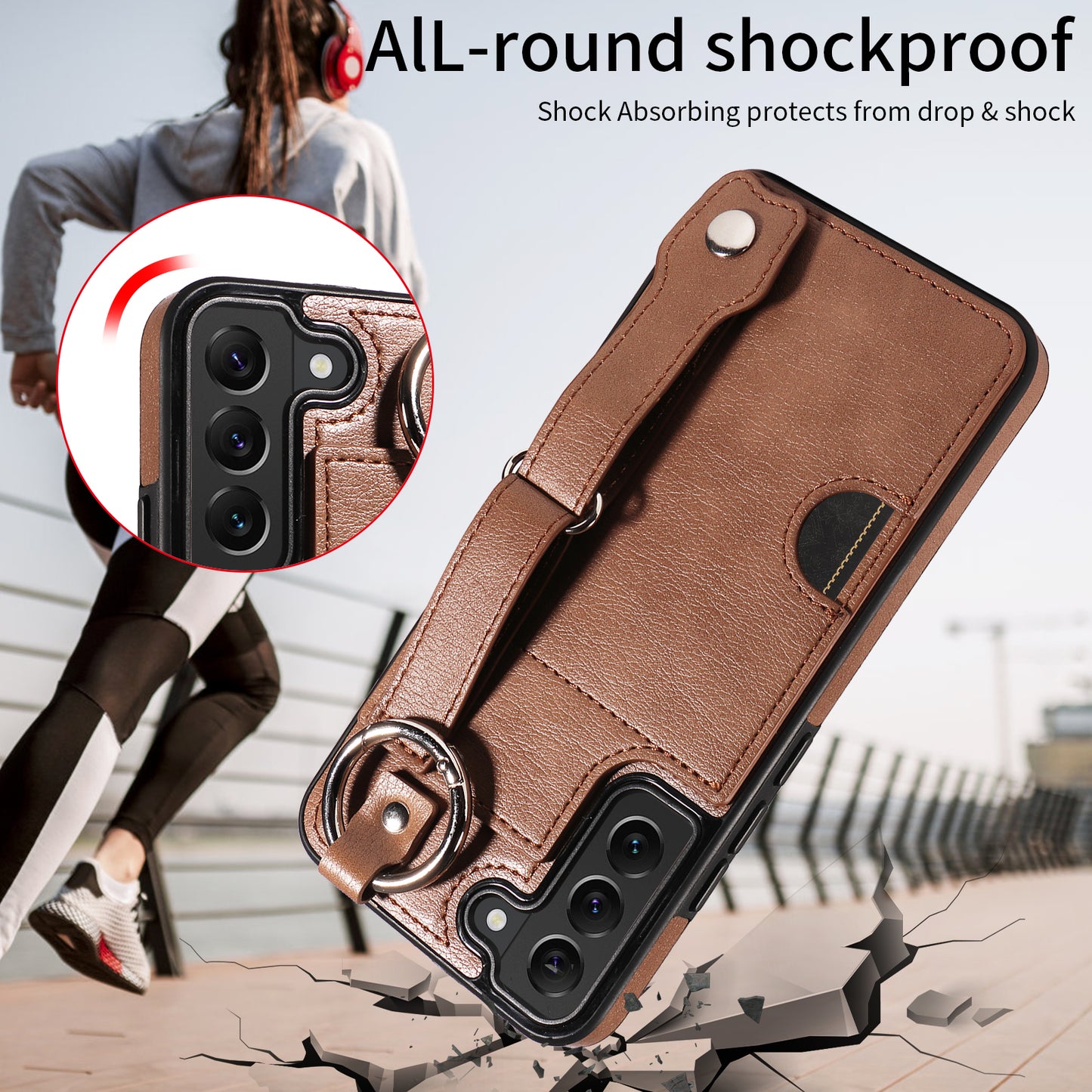 008 For Samsung Galaxy S22+ 5G Case Non-Slip Kickstand Grip Leather+TPU Phone Cover with Card Holder - Brown