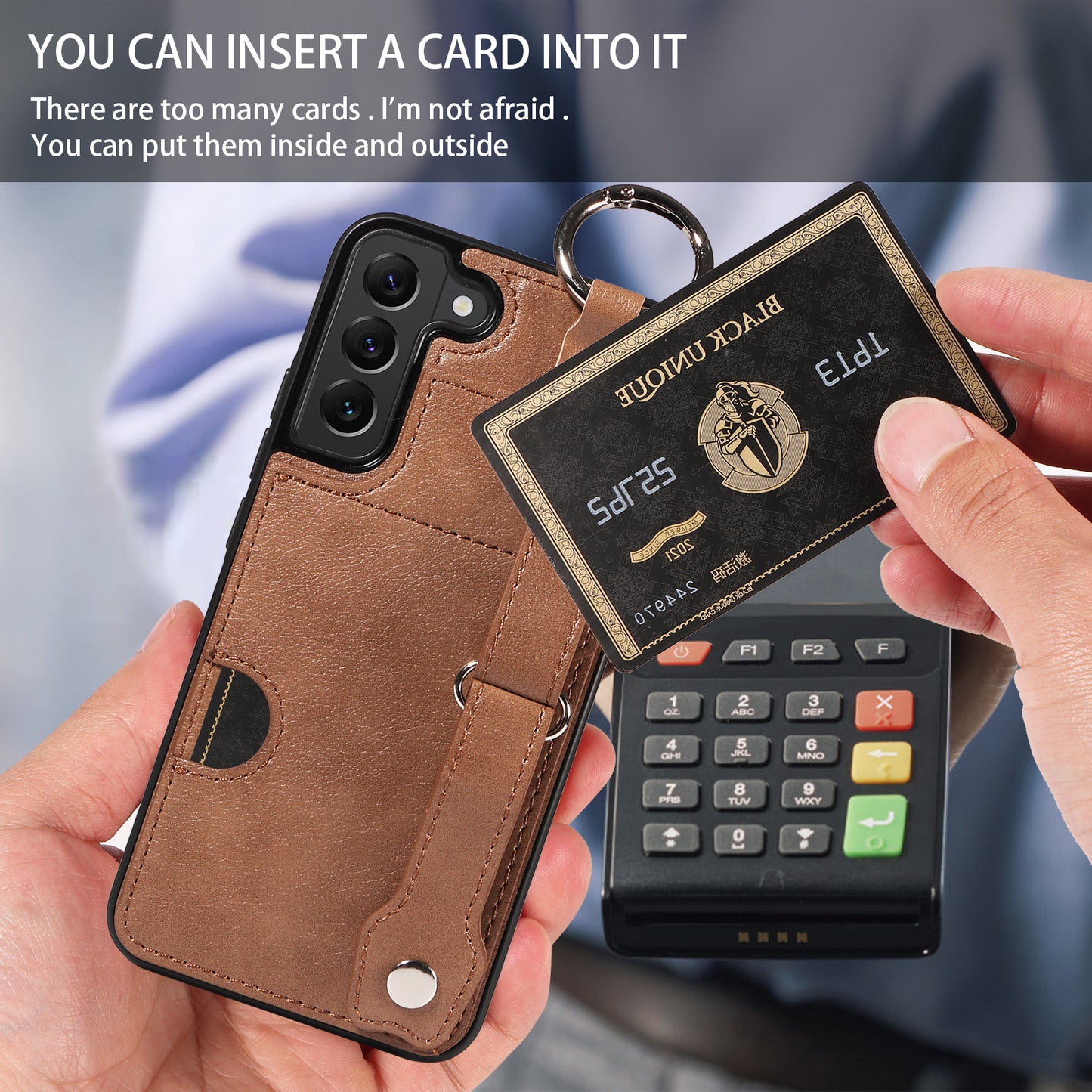 008 For Samsung Galaxy S22+ 5G Case Non-Slip Kickstand Grip Leather+TPU Phone Cover with Card Holder - Brown