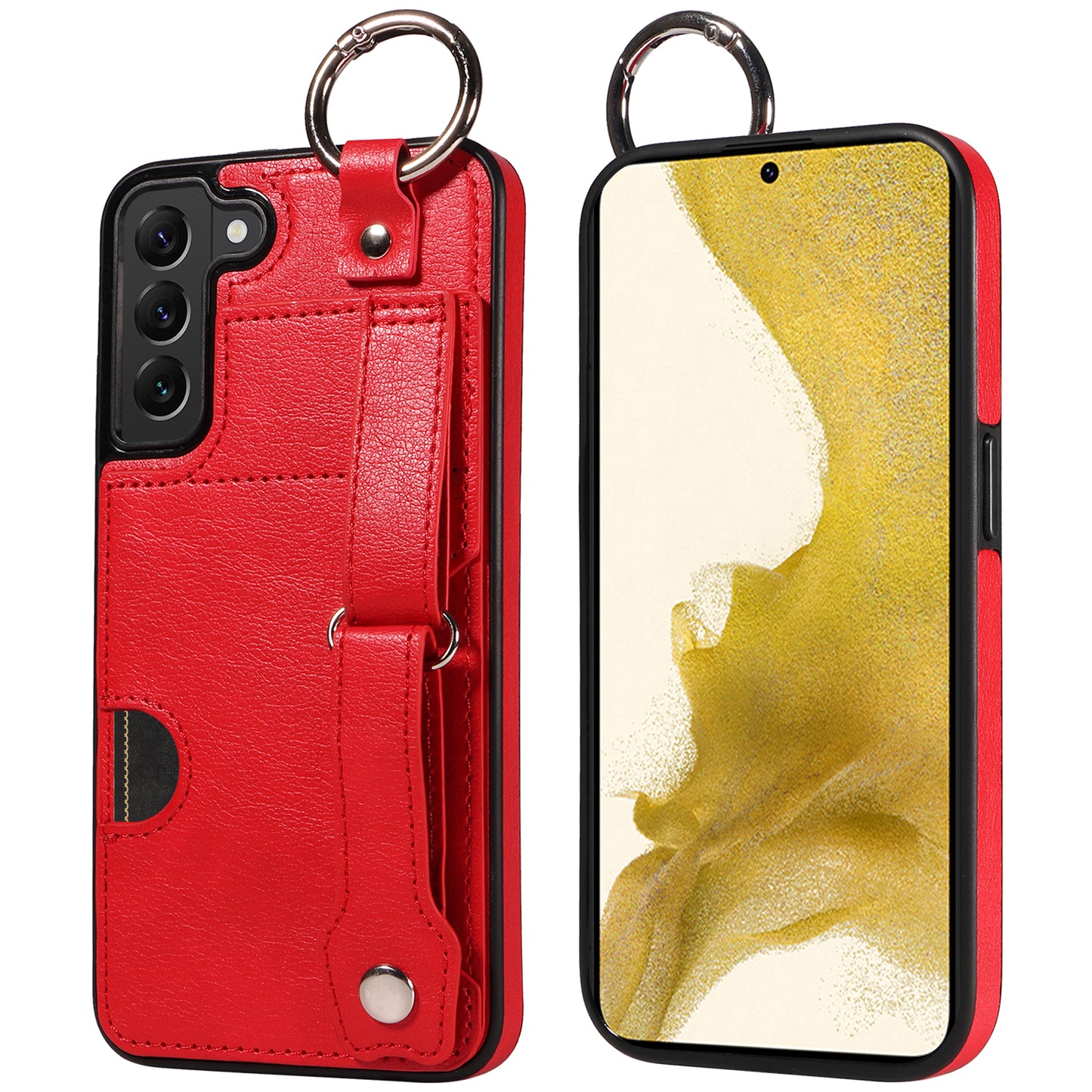 008 For Samsung Galaxy S22+ 5G Case Non-Slip Kickstand Grip Leather+TPU Phone Cover with Card Holder - Red