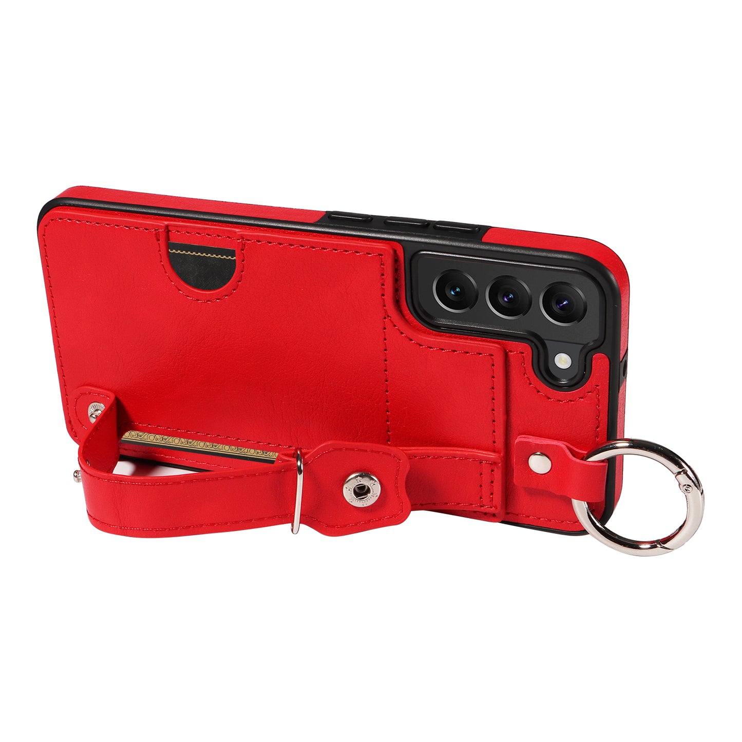 008 For Samsung Galaxy S22+ 5G Case Non-Slip Kickstand Grip Leather+TPU Phone Cover with Card Holder - Red