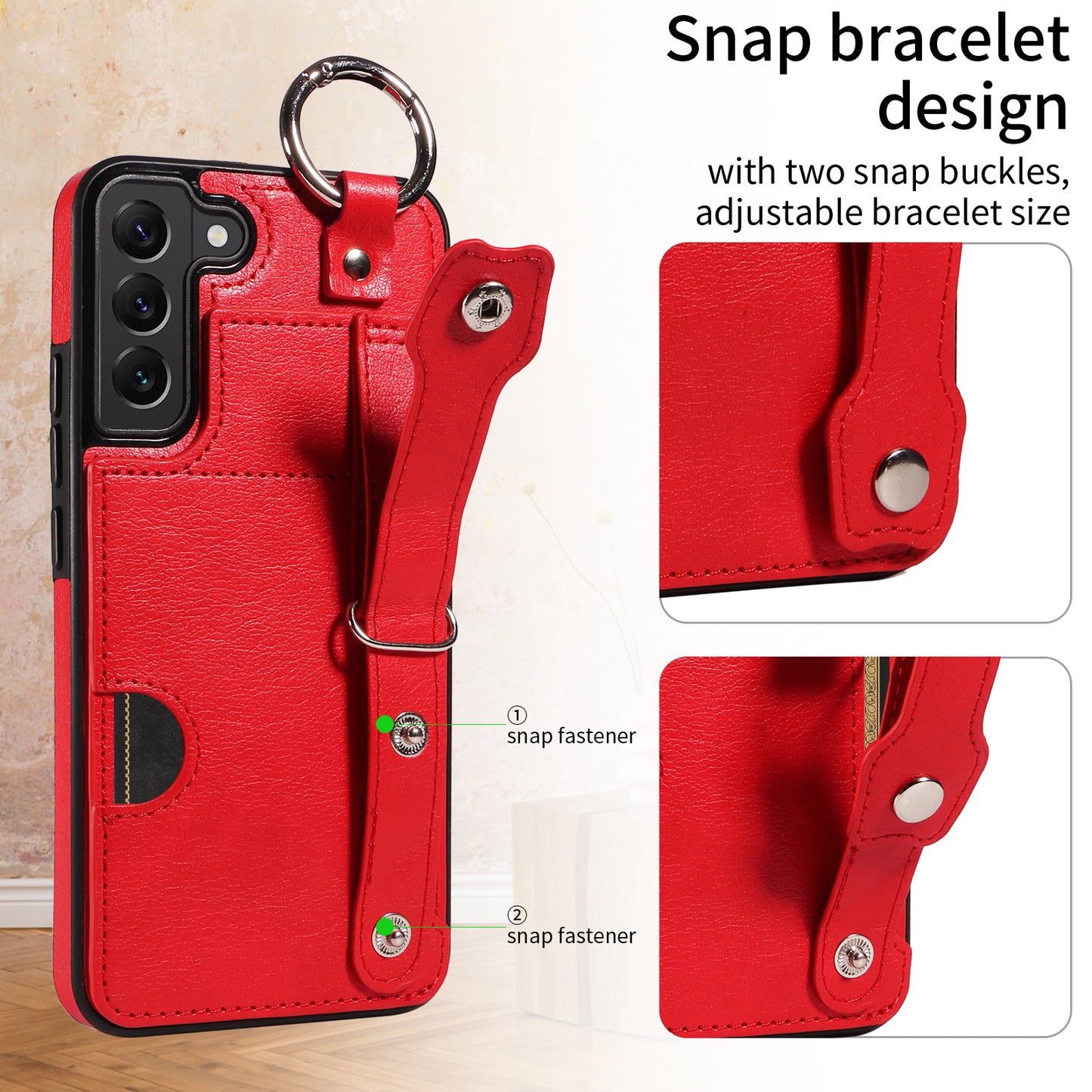 008 For Samsung Galaxy S22+ 5G Case Non-Slip Kickstand Grip Leather+TPU Phone Cover with Card Holder - Red