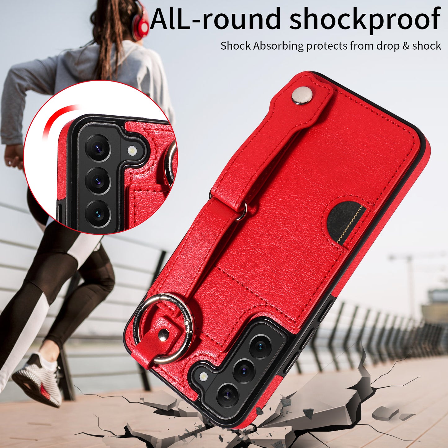 008 For Samsung Galaxy S22+ 5G Case Non-Slip Kickstand Grip Leather+TPU Phone Cover with Card Holder - Red