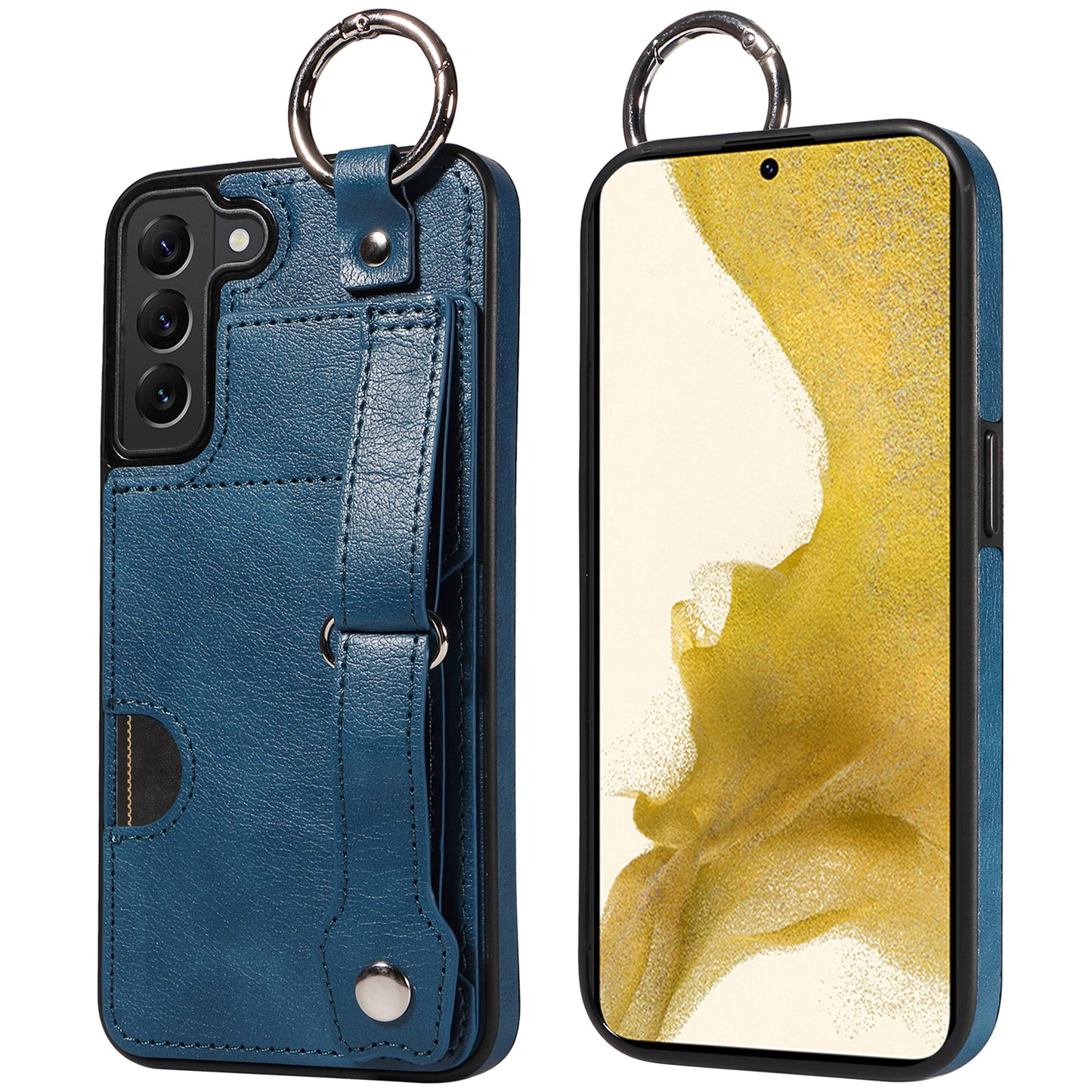 008 For Samsung Galaxy S22+ 5G Case Non-Slip Kickstand Grip Leather+TPU Phone Cover with Card Holder - Blue