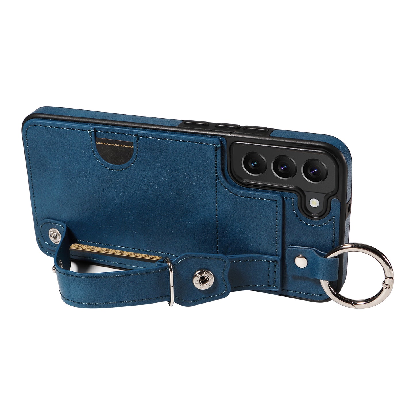 008 For Samsung Galaxy S22+ 5G Case Non-Slip Kickstand Grip Leather+TPU Phone Cover with Card Holder - Blue