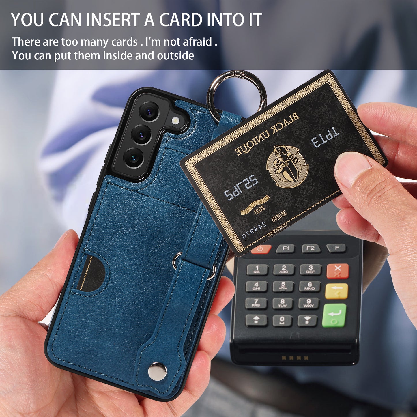 008 For Samsung Galaxy S22+ 5G Case Non-Slip Kickstand Grip Leather+TPU Phone Cover with Card Holder - Blue