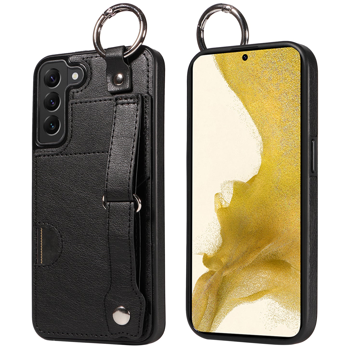 008 For Samsung Galaxy S22+ 5G Case Non-Slip Kickstand Grip Leather+TPU Phone Cover with Card Holder - Black