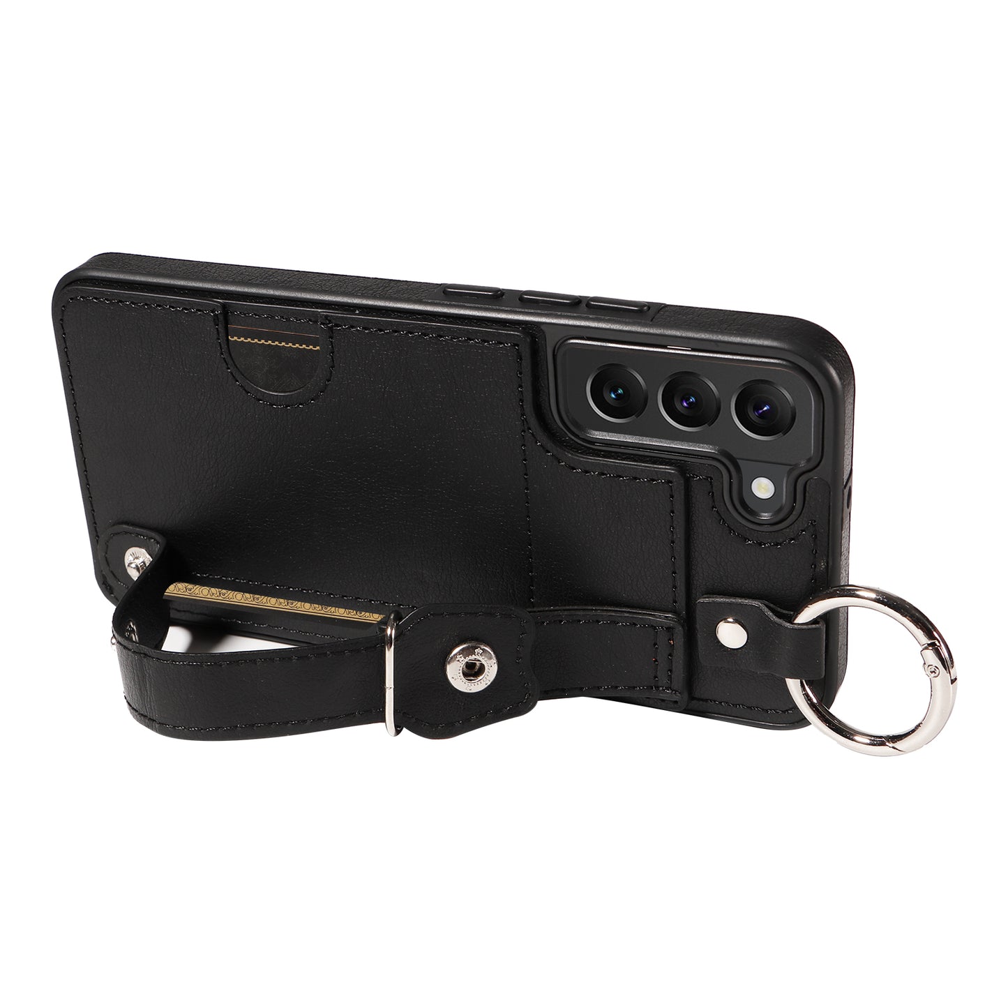008 For Samsung Galaxy S22+ 5G Case Non-Slip Kickstand Grip Leather+TPU Phone Cover with Card Holder - Black