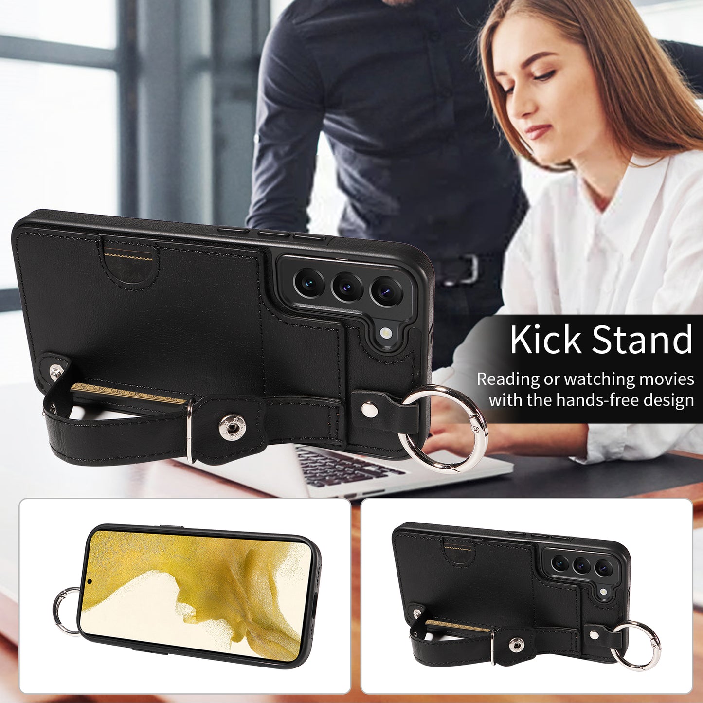 008 For Samsung Galaxy S22+ 5G Case Non-Slip Kickstand Grip Leather+TPU Phone Cover with Card Holder - Black