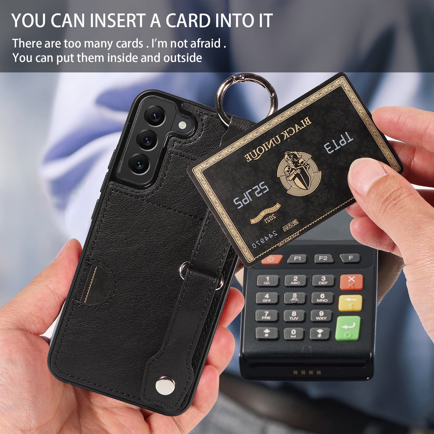 008 For Samsung Galaxy S22+ 5G Case Non-Slip Kickstand Grip Leather+TPU Phone Cover with Card Holder - Black