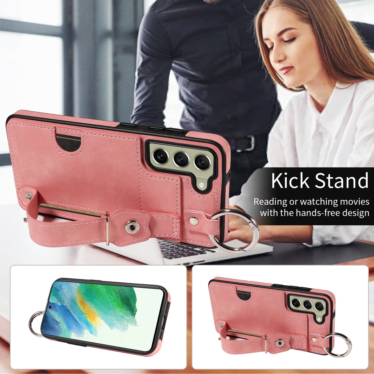 008 For Samsung Galaxy S21 FE 5G Case Anti-Scratch Leather TPU Phone Cover with Kickstand - Pink