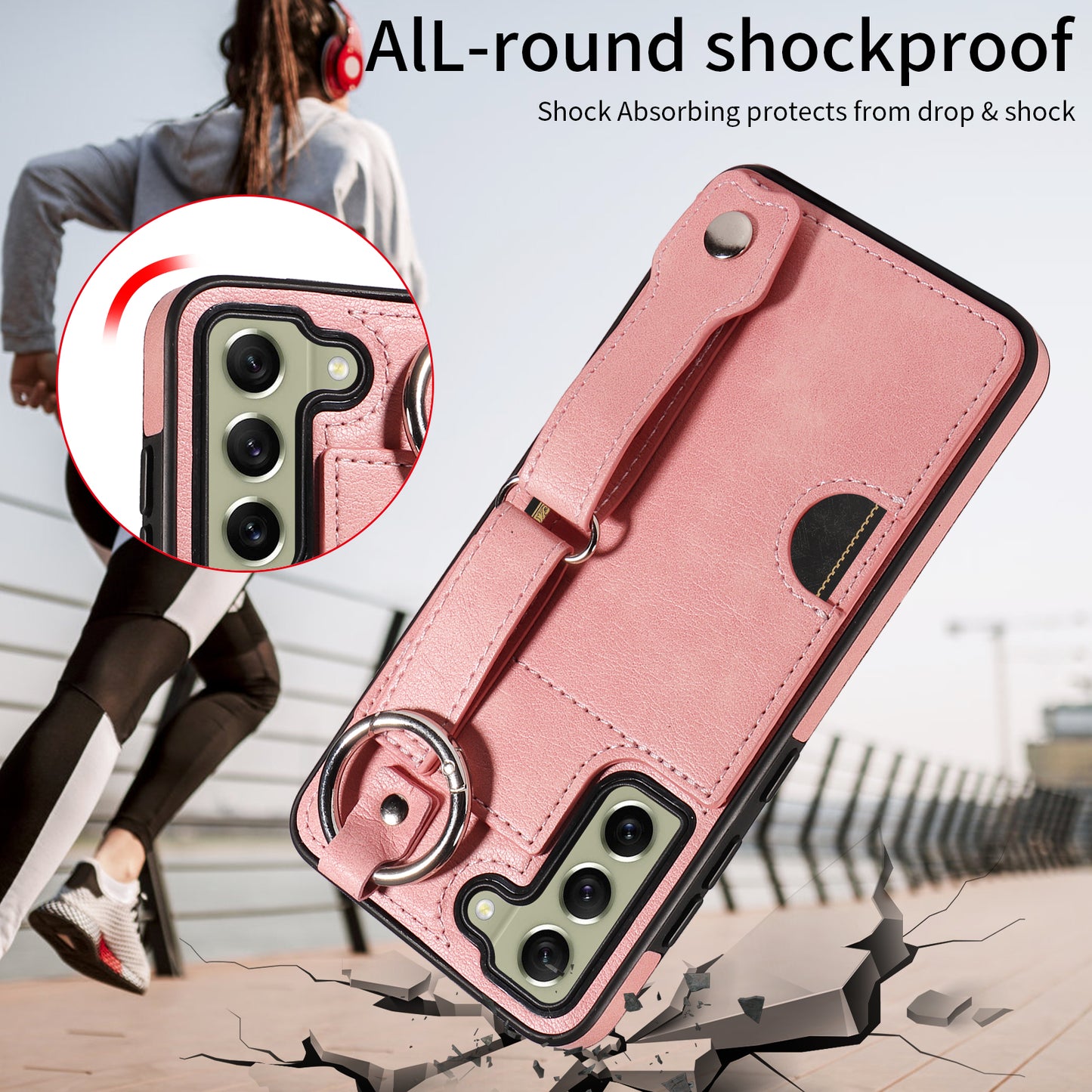 008 For Samsung Galaxy S21 FE 5G Case Anti-Scratch Leather TPU Phone Cover with Kickstand - Pink