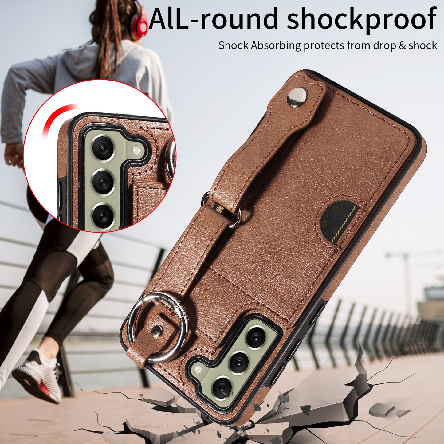 008 For Samsung Galaxy S21 FE 5G Case Anti-Scratch Leather TPU Phone Cover with Kickstand - Brown